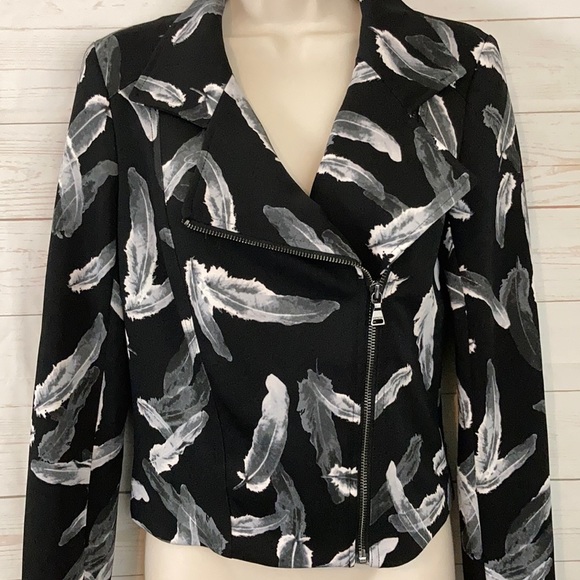 Express Sz S Feather Print Moto Zip Light Jacket - Picture 2 of 9